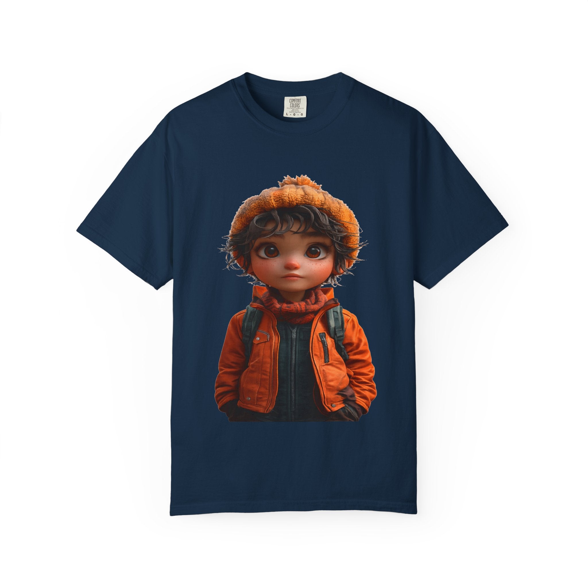 Kiddo in Orange Jacket Tee — Cute Cartoon Child Illustration T-Shirt