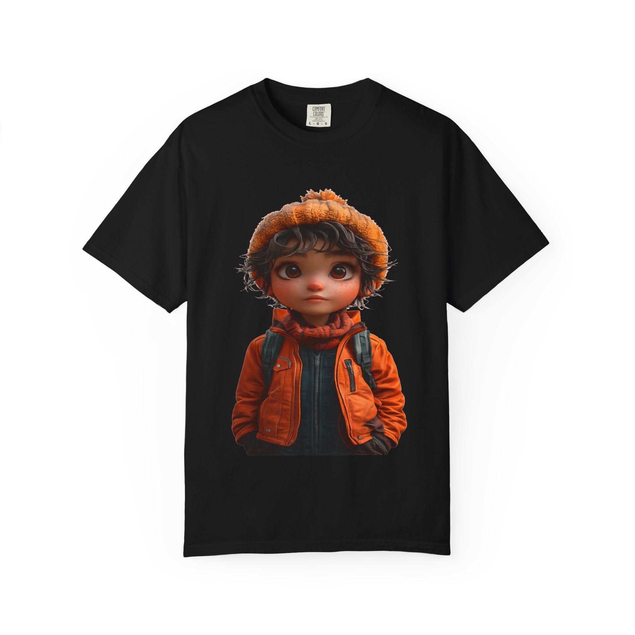 Kiddo in Orange Jacket Tee — Cute Cartoon Child Illustration T-Shirt