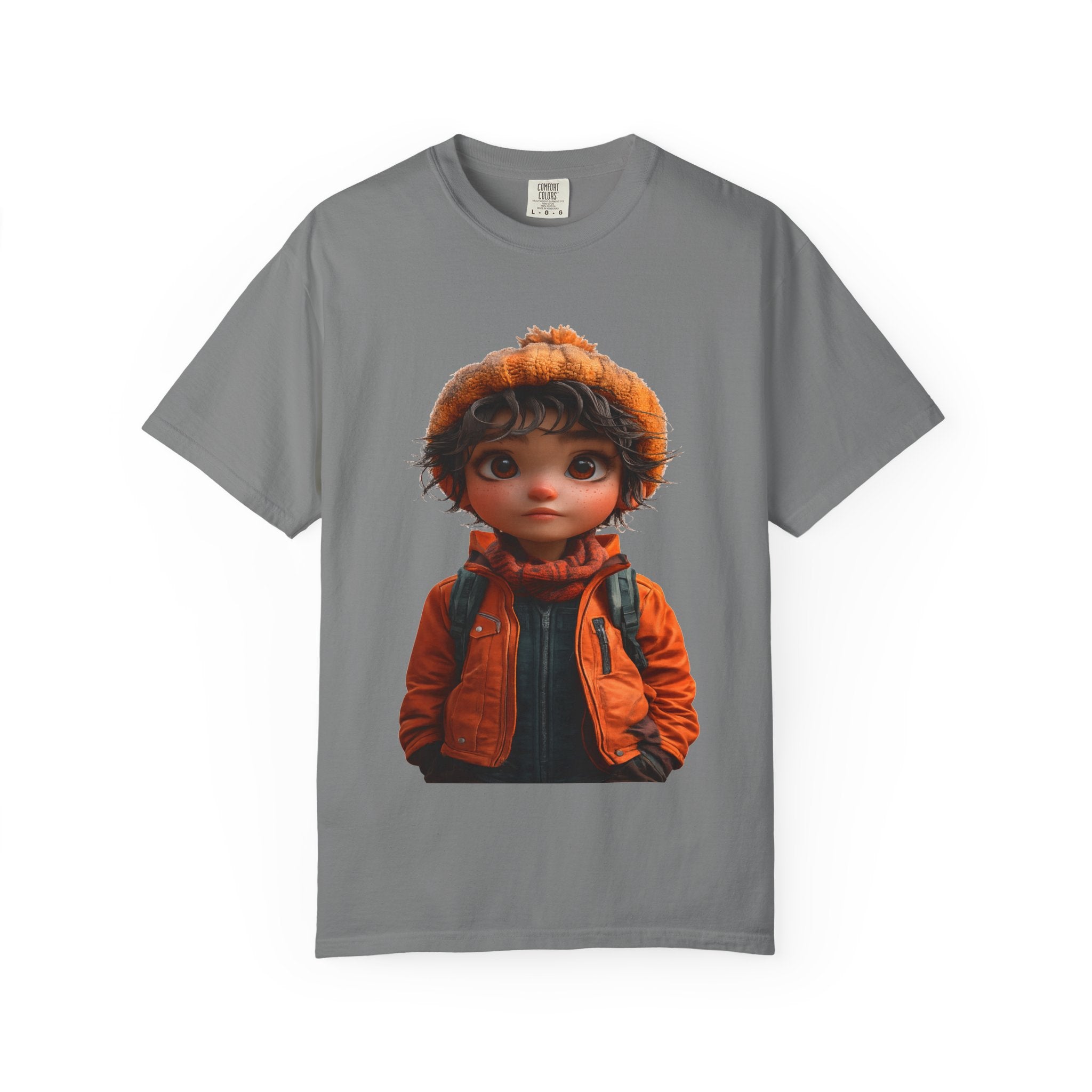 Kiddo in Orange Jacket Tee — Cute Cartoon Child Illustration T-Shirt