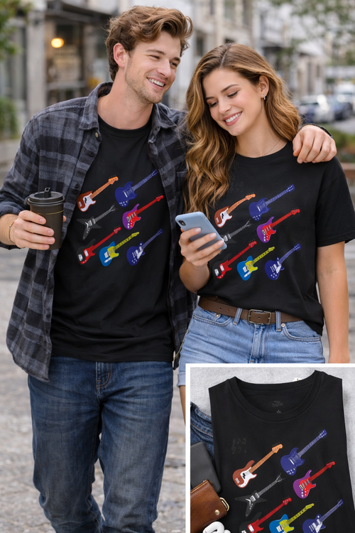 Electric Guitar Lineup T-Shirt — Colorful Rock Guitar Graphic Tee
