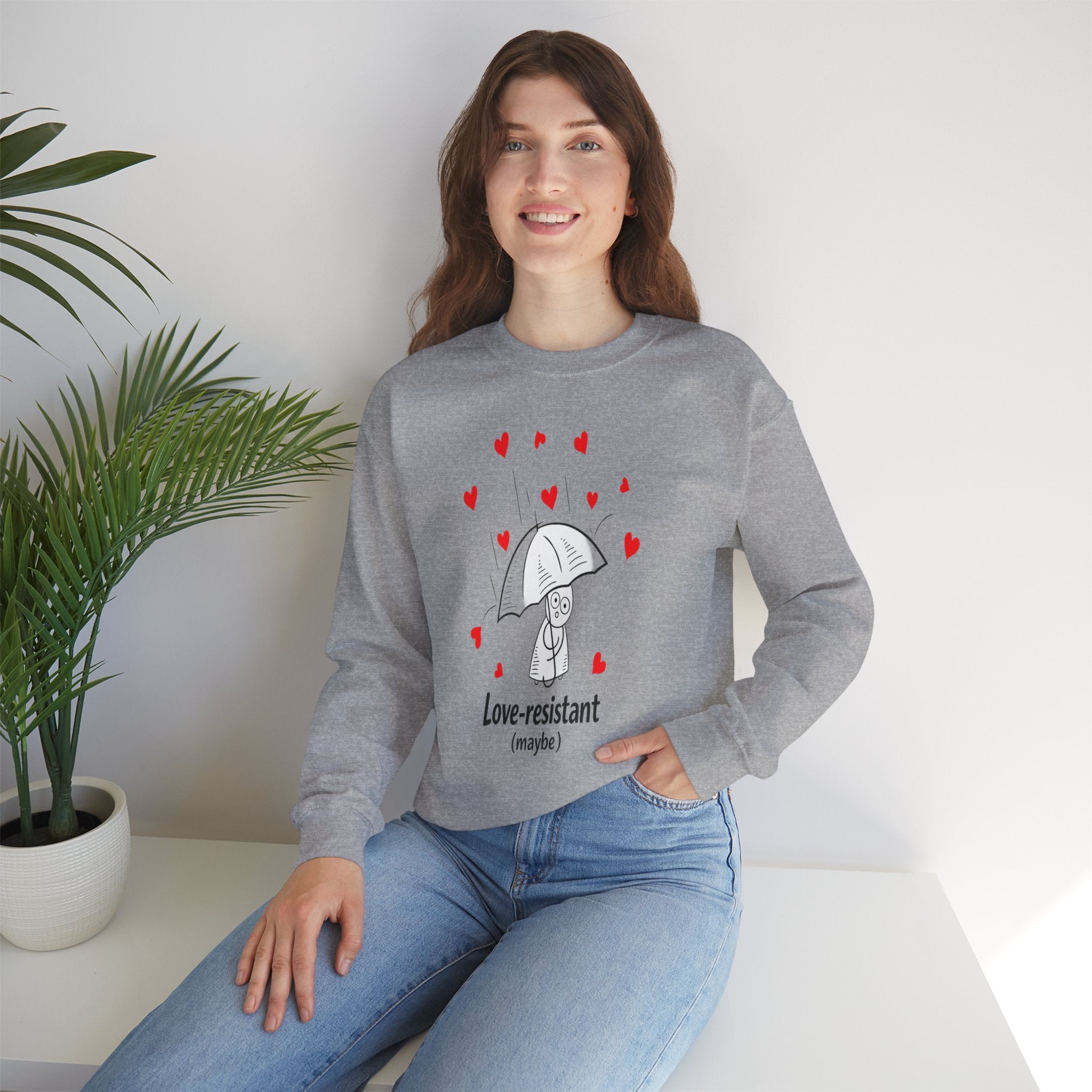 Love-Resistant (Maybe) Crewneck Sweatshirt — Cute Umbrella & Hearts Graphic