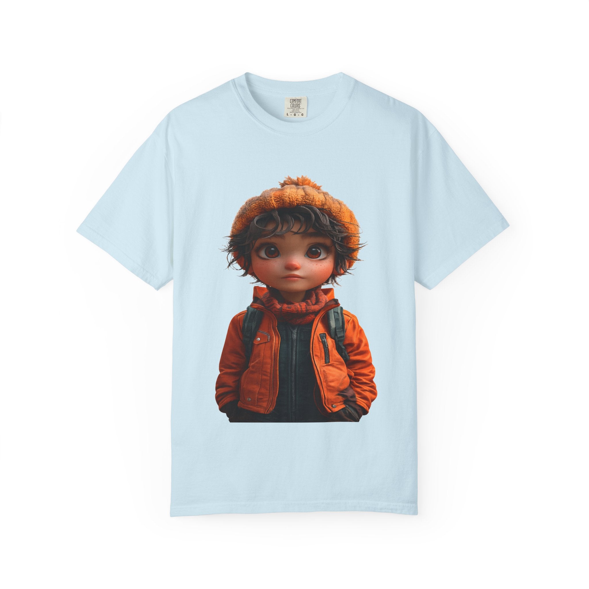 Kiddo in Orange Jacket Tee — Cute Cartoon Child Illustration T-Shirt