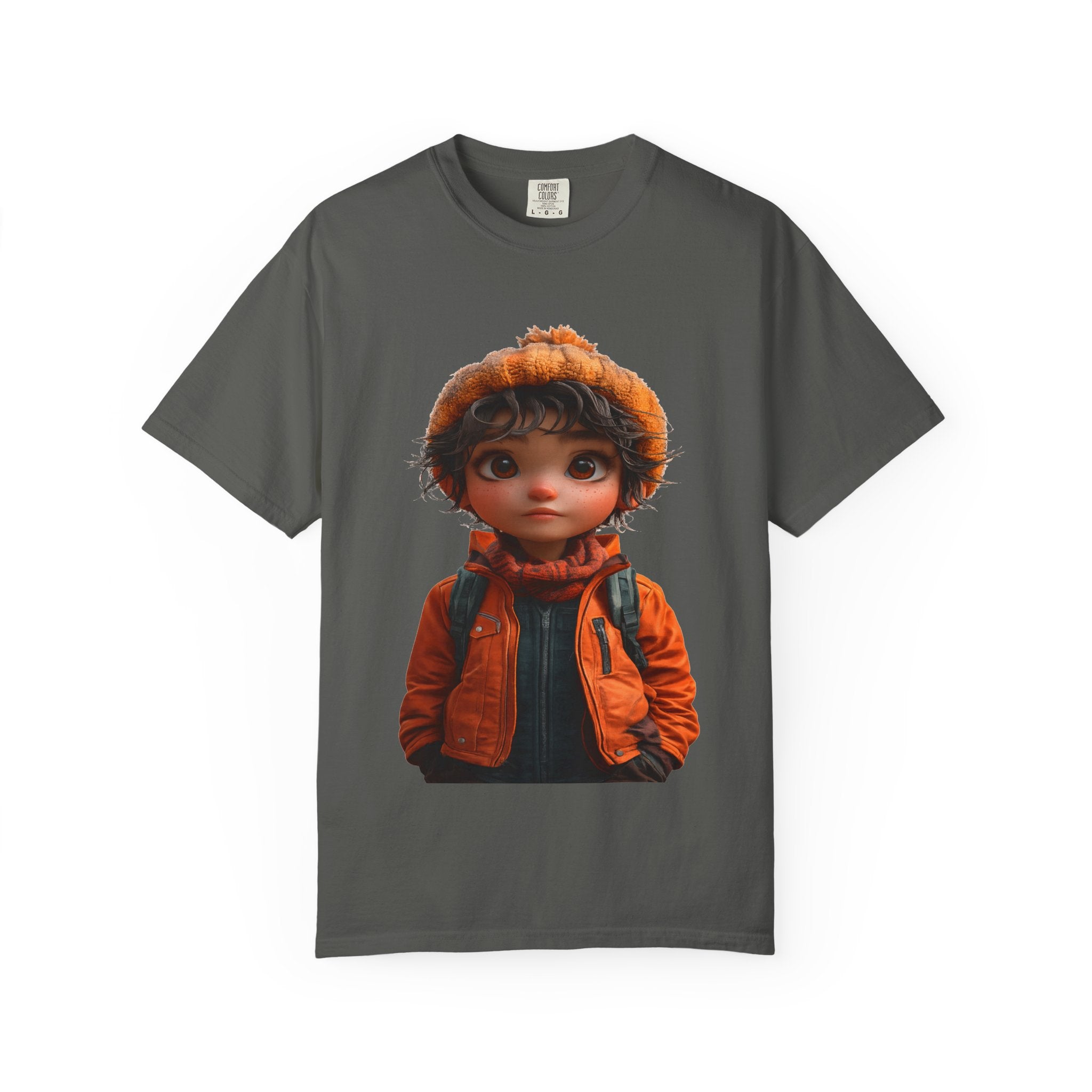 Kiddo in Orange Jacket Tee — Cute Cartoon Child Illustration T-Shirt
